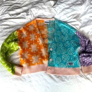 Ragged Jeans oversized cardigan in green, blue, orange, and purple, size Small